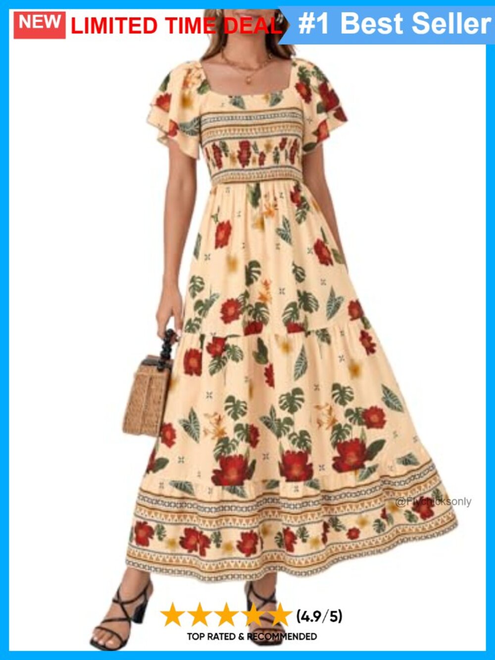 Square Neck Ruffle Sleeve Tiered Midi Dress